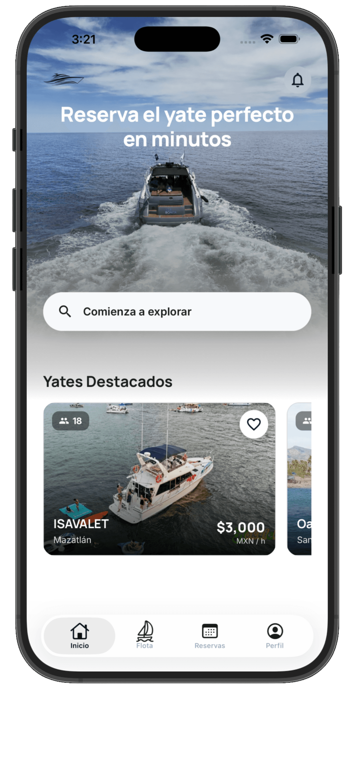 App Ez Ocean en un smartphone: reserva yates, explora la flota y gestiona tus salidas